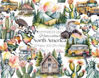 22 North America Clip Art – school projects, travel planners, stickers, printables, Statue of Liberty, totem pole, bison, eagle, map