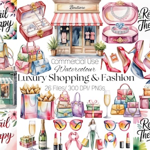 Puede incluir: Ilustración en acuarela con artículos de compras y moda de lujo. La imagen incluye bolsos, tacones altos, joyas, gafas de sol, perfume y copas de champán. El texto "Retail Therapy" se muestra en una fuente decorativa, junto con el texto "Luxury Shopping & Fashion".