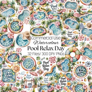 May include: Watercolor illustrations featuring various pool designs, including round, oval, and uniquely shaped pools. The image includes beach umbrellas, lounge chairs, and the text "Pool Relax Day". The artwork is labeled "Commercial Use Watercolour Pool Relax Day".
