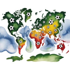 May include: Watercolor world map illustration with soccer balls. The continents are colored in shades of green, yellow, orange, and red, with blue and green watercolor accents. Soccer balls are scattered across the map.