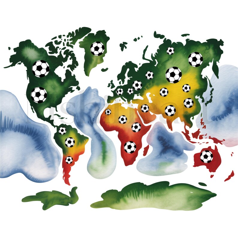 May include: Watercolor world map illustration with soccer balls. The continents are colored in shades of green, yellow, orange, and red, with blue and green watercolor accents. Soccer balls are scattered across the map.