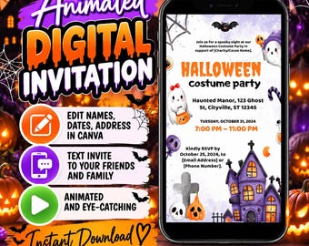 Halloween Costume Party Invitation | Black White | Adult Halloween Party Invite | Editable Digital Canva Template