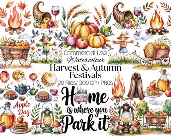 May include: Watercolor illustrations of autumn harvest and festivals. The image includes pumpkins, apples, scarecrows, bonfires, and decorative elements. Text includes "Harvest & Autumn Festivals" and "Home is where you Park it."