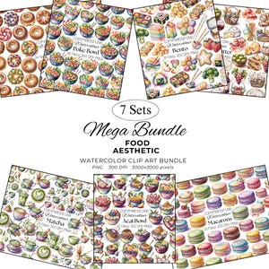 Food Aesthetic Watercolor Clipart Pack, Acai and Poke Bowl, Matcha, Macarons, Bagel & Cheese Platter PNG, Bento Box Commercial Use