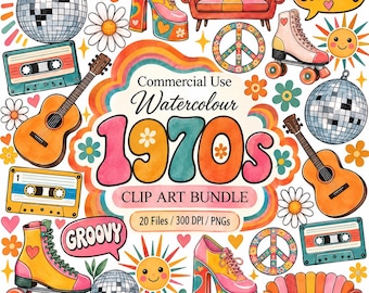 20 70s Retro Clipart PNG, Groovy Watercolor Clipart, Disco Ball Roller Skates Hippie Flowers, Vintage 1970s Graphics