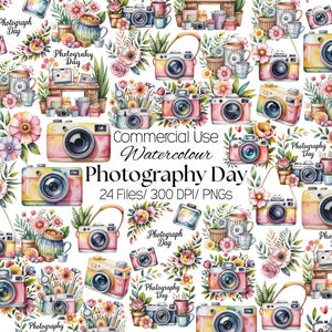 Op de afbeelding: Waterverf digitale kunst met camera's, bloemen en decoratieve elementen. Het ontwerp bevat de tekst "Photography Day" en "Commercial Use Watercolour Photography Day 24 Files/300 DPI/ PNGS". Het kleurenpalet omvat roze, geel en groen.