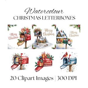 May include: Watercolor Christmas-themed clipart images featuring letterboxes decorated with gifts, greenery, and the text "Merry Christmas." The collection includes various mailbox designs, a snowy house, and a cardinal. The text "20 Clipart Images | 300 DPI" is also present.