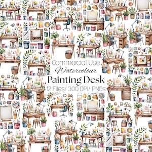 May include: A watercolour illustration of multiple painting desks, each with an easel, lamp, and art supplies. The image includes text that reads "Commercial Use Watercolour Painting Desk 12 Files/ 300 DPI/ PNGs."