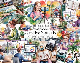 Creative Nomads Clipart: Watercolor Laptops, Typewriters (Digital Download)