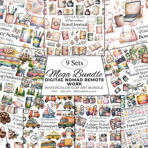 May include: A digital clip art bundle featuring nine sets of watercolor illustrations including travel journals, office setups, outdoor camping scenes, transport vehicles, luxury travel packing, and coffee items with text labels for commercial use.