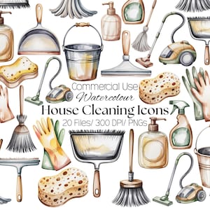 Puede incluir: Ilustraciones en acuarela de herramientas de limpieza del hogar, que incluyen escobas, cubos, esponjas, pulverizadores y aspiradoras. La imagen incluye el texto "Commercial Use Watercolour House Cleaning Icons".