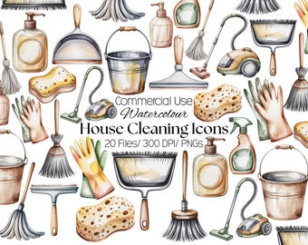 May include: Watercolor illustrations of house cleaning tools, including brooms, buckets, sponges, spray bottles, and vacuums. The image includes the text "Commercial Use Watercolour House Cleaning Icons".
