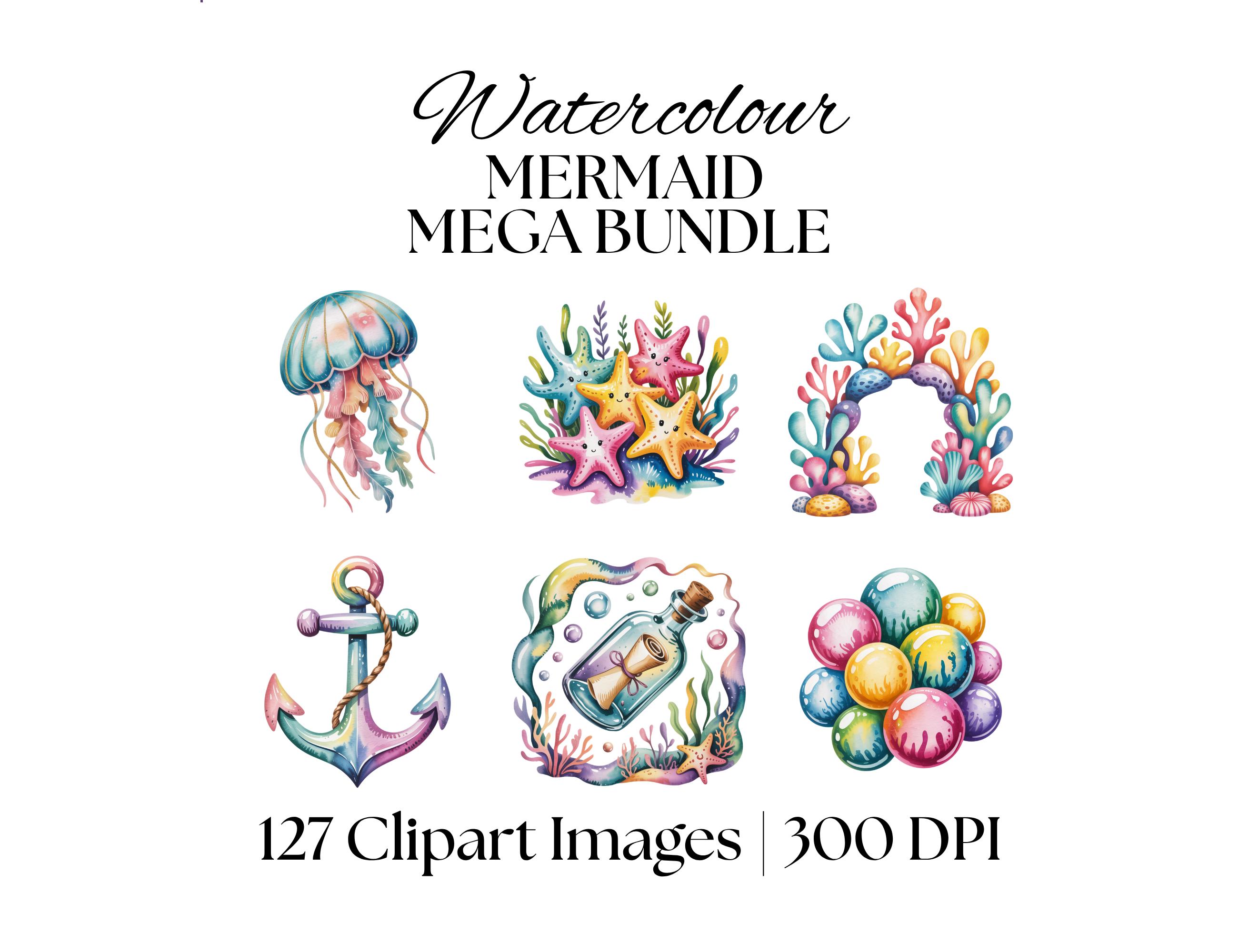Mermaid Watercolor Clipart Mega Bundle, Cute Mermaid PNG, Under the Sea ...