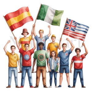 May include: Watercolor illustration of a diverse group of people holding flags. Flags include Spain, Nigeria, and a combination of the British and American flags. The people are wearing casual clothing, including t-shirts and jeans.