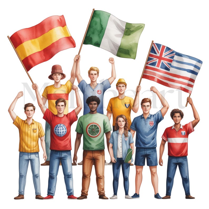 May include: Watercolor illustration of a diverse group of people holding flags. Flags include Spain, Nigeria, and a combination of the British and American flags. The people are wearing casual clothing, including t-shirts and jeans.