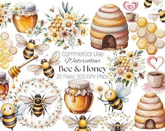 Aquarell-Bienen-Clipart-Bundle, verspielte Hummel (PNG), florale Bienen-Clipart, Frühlings-Wildblumenbiene, niedliche Gartenbiene (PNG)