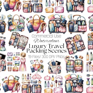 Puede incluir: Ilustraciones en acuarela de escenas de embalaje de viajes de lujo. La imagen presenta maletas, bolsos, ropa, accesorios y artículos de tocador. El texto de la imagen dice "Commercial Use Watercolour Luxury Travel Packing Scenes 19 Files/ 300 DPI/ PNGs."