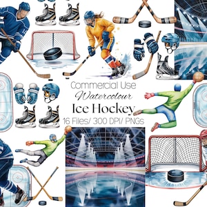 Op de afbeelding: Waterverfillustraties van ijshockeyspelers in actie, samen met uitrusting zoals schaatsen, helmen, handschoenen en pucks. De tekst "Commercial Use Watercolour Ice Hockey" is ook opgenomen.