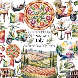 Pode incluir: Ilustrações em aquarela da Itália, com pizza, scooters Vespa, gôndolas, bandeiras italianas e paisagens. O texto diz: "Commercial Use Watercolour Italy 20 Files/ 300 DPI/ PNGs."