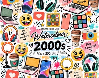 19 Y2K 2000s Clipart PNG, Retro Tech Watercolor, Digital Camera Phone Laptop Headphones, Social Media Content Creator Aesthetic Millennial