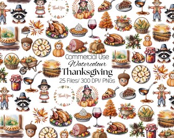 Thanksgiving Clipart 25 Images - Set 2 | Turkey, Pumpkin, Fall PNG Images, Holiday Clip Art Set, Digital Download, Cute Autumn Graphics