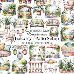 May include: Watercolor illustrations of balcony and patio setups. The image features various outdoor furniture, including sofas, chairs, and tables, along with potted plants, string lights, and decorative lanterns. Text on the image reads "Commercial Use Watercolour Balcony / Patio Setup".