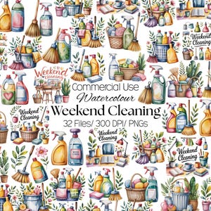 May include: Watercolor illustrations of cleaning supplies, including spray bottles, brooms, buckets, and baskets. The phrase "Weekend Cleaning" is displayed in various designs. The image is labeled "Commercial Use Watercolour" and includes "32 Files/300 DPI/PNGS."
