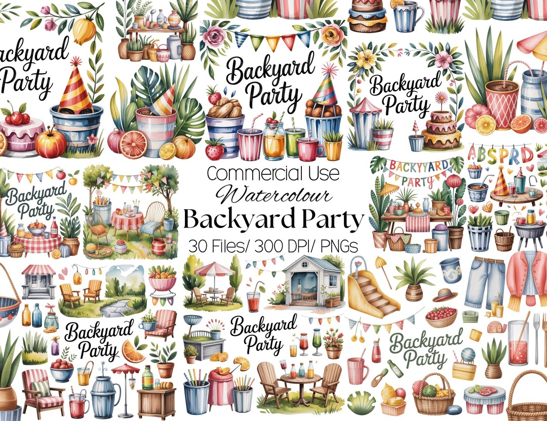 30 Backyard Party Clipart, Watercolor Celebration PNG, Party Hats ...