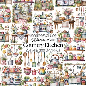 Puede incluir: Ilustraciones en acuarela de escenas de cocina campestre. Las imágenes presentan varios elementos de cocina, incluyendo estufas, utensilios, teteras y arreglos florales. El texto "Commercial Use Watercolour Country Kitchen" es visible.