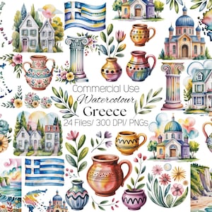 24 Greece Clipart PNG, Watercolor Greek Islands, Parthenon Column, Vase, Greece Flag, Map, Church, Commercial Use