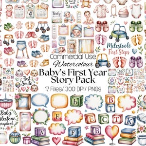 17 Baby’s First Year Story Pack – Milestones, Nursery, Printables, Monthly Markers, Toys, Balloons, Onesie, Booties, Walker, Commercial Use