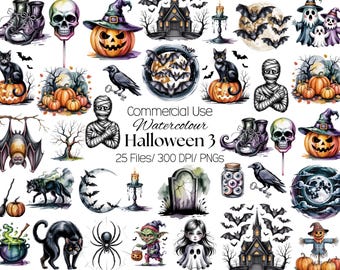 Watercolor Halloween Clipart 25 Images - Set 2  | Witch Hat, Black Cat, Magic Elements, Potion Bottles, Spooky PNG Bundle for Crafts
