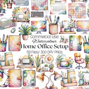 May include: Watercolor illustrations of home office setups, featuring desks, computers, calendars, and stationery. The image includes the text "Commercial Use Watercolour Home Office Setup 59 Files/300 DPI/PNGs."