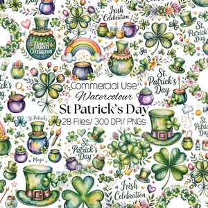May include: Watercolor illustrations featuring St. Patrick's Day themes. The image includes green top hats, shamrocks, rainbows, pots of gold, and the text "St. Patrick's Day" and "Irish Celebration". The artwork is labeled "Commercial Use".