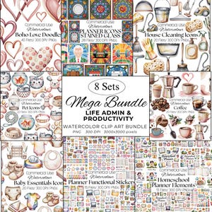 May include: A watercolor clip art bundle featuring eight sets of illustrations. The sets include Boho Love Doodles, Planner Icons, House Cleaning Icons, Pet Icons, Coffee, Baby Essentials Icons, Planner Functional Stickers, and Homeschool Planner Elements.