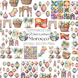 Könnte beinhalten: Eine Sammlung von Aquarellillustrationen mit marokkanischen Motiven, darunter hängende Laternen, mit Obst gefüllte geflochtene Körbe, Palmen, Teesets, Torbögen, Fliesenmuster und die marokkanische Flagge mit dem Text Commercial Use Watercolour Morocco.