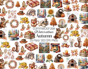 May include: A collection of watercolor autumn illustrations featuring chipmunks, badgers, pumpkins, fall foliage, wooden crates of apples, cozy blankets, pies, sunflowers, and rustic barns with the text Commercial Use Watercolour Autumn 25 Files 300 DPI PNGS.