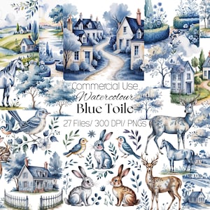 May include: A collection of watercolor illustrations in a blue and white toile style. The images include houses, horses, deer, birds, and rabbits. The text "Commercial Use Watercolour Blue Toile" is visible.