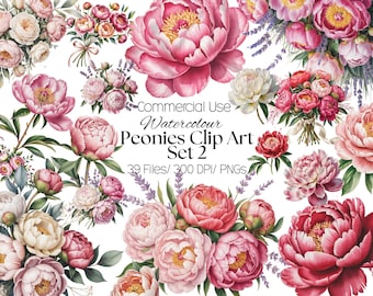 May include: Watercolor clip art set featuring various peony arrangements in shades of pink, red, and cream. The image includes bouquets, individual blooms, and sprigs of lavender. Text on the image reads "Commercial Use Watercolour Peonies Clip Art Set 2".