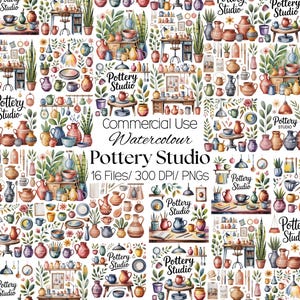 May include: Watercolor illustrations of a pottery studio with various ceramic pieces, plants, and studio tools. The image includes text that reads "Pottery Studio" and "Commercial Use Watercolour". The image contains 16 files at 300 DPI.