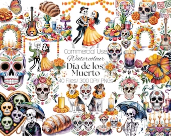 May include: A watercolour digital art set for Día de los Muertos, featuring sugar skulls, skeletons, guitars, butterflies, and floral elements. The text reads "Commercial Use Watercolour Día de los Muerto 40 Files/ 300 DPI/ PNGs."