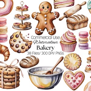 May include: Watercolor illustration of various baked goods, including donuts, macarons, cookies, cupcakes, and bread. A gingerbread man and a rolling pin are also featured. The image includes the text "Commercial Use Watercolour Bakery".