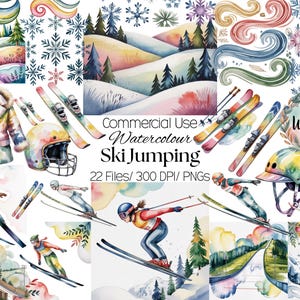 May include: Watercolor illustrations of ski jumping scenes, including skiers, skis, helmets, and winter landscapes. The images feature a variety of colors and styles, with the text "Commercial Use Watercolour Ski Jumping" and "Winter".