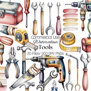 Pode incluir: Ilustração em aquarela de várias ferramentas, incluindo chaves, chaves de fenda, uma furadeira e uma caixa de ferramentas. A imagem também apresenta uma fita métrica, um martelo e uma serra. O texto "Commercial Use Watercolour Tools" é visível.