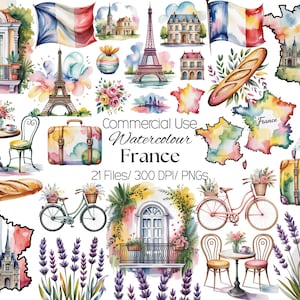 21 France Clipart, Watercolor Paris Landmarks, Eiffel Tower Baguette Lavender, French Travel Graphics,Paris Map Illustration, Commercial Use
