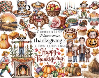 Könnte beinhalten: Aquarellillustrationen mit Thanksgiving-Themen. Enthält eine Vielzahl von Elementen wie Kürbisse, einen Truthahn-Hund-Hybrid, eine Vogelscheuche, eine Familie, einen Kamin und den Text "Happy Thanksgiving".