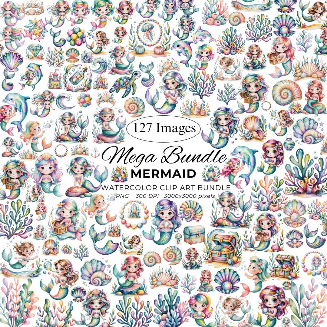 Mermaid Watercolor Clipart Mega Bundle, Cute Mermaid PNG, Under the Sea ...