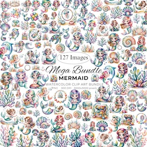 Puede incluir: Un paquete de imágenes prediseñadas de acuarela con 127 imágenes de sirenas. Las ilustraciones incluyen sirenas, delfines, conchas marinas, corales y cofres del tesoro. El texto dice "Mega Bundle MERMAID". Las imágenes son en tonos de rosa, azul, verde y morado.