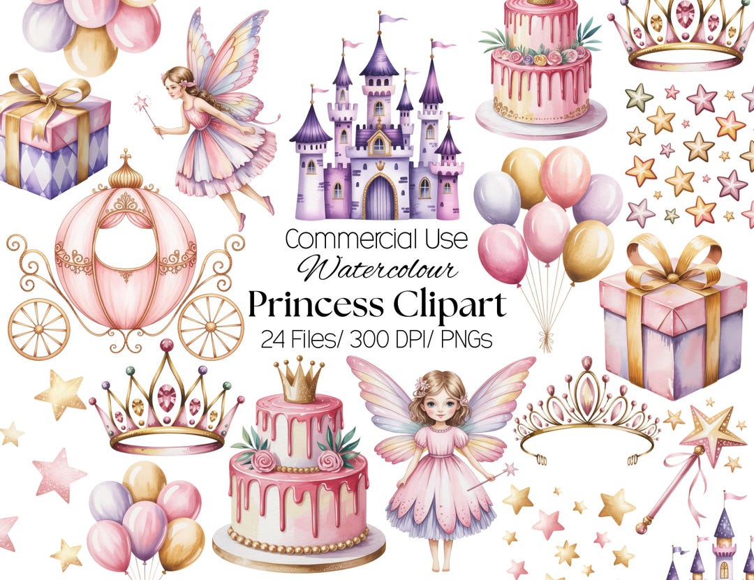 24 Princess Clipart: PNG Watercolor Fairy Tale Castle, Pink Princess ...