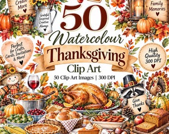 50 Thanksgiving Clipart PNG, Watercolor Fall Autumn Harvest Clipart, Turkey Pumpkin Pie, Thanksgiving Dinner Food, Pumpkin Scarecrow